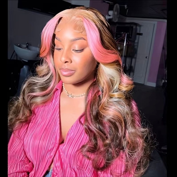 Ombré Highlight Golden Brown/Pink Body Wave Human Hair 13x4 Lace Frontal Wig - Picture 8 of 9